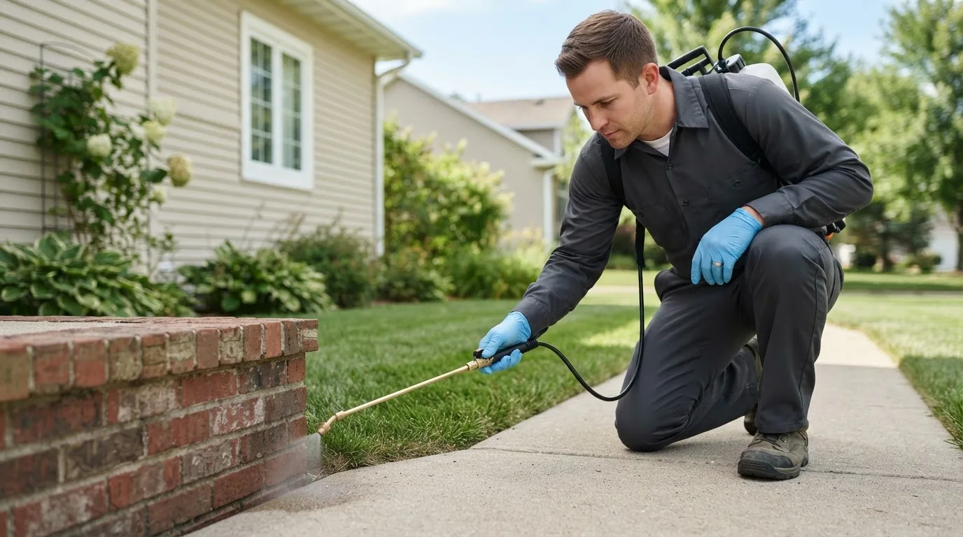 Pest control technician treating a home near Conway, AR